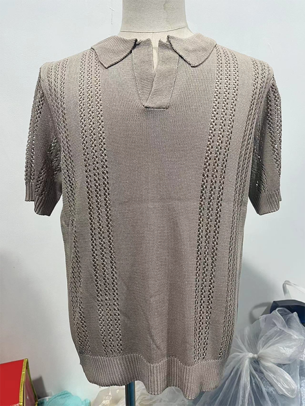 Men's Knitted POLO Shirt Short Sleeve V-Neck Loose Solid Color Top - Vallara