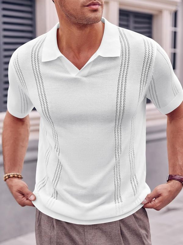 Men's Knitted POLO Shirt Short Sleeve V-Neck Loose Solid Color Top - Vallara