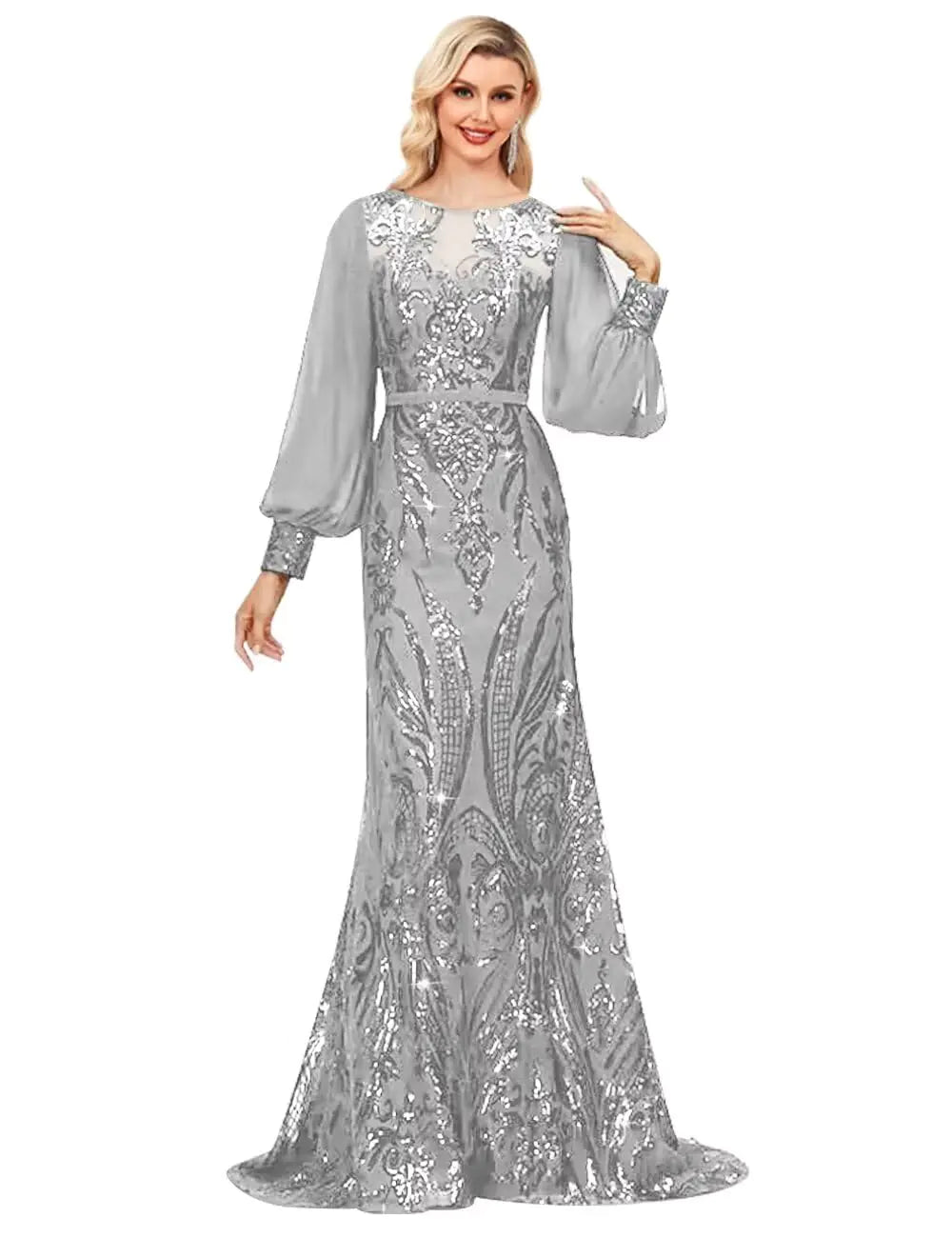 Elegant Long Sleeve Sequin Gown for Women - Mermaid Style, Silver, Size 12