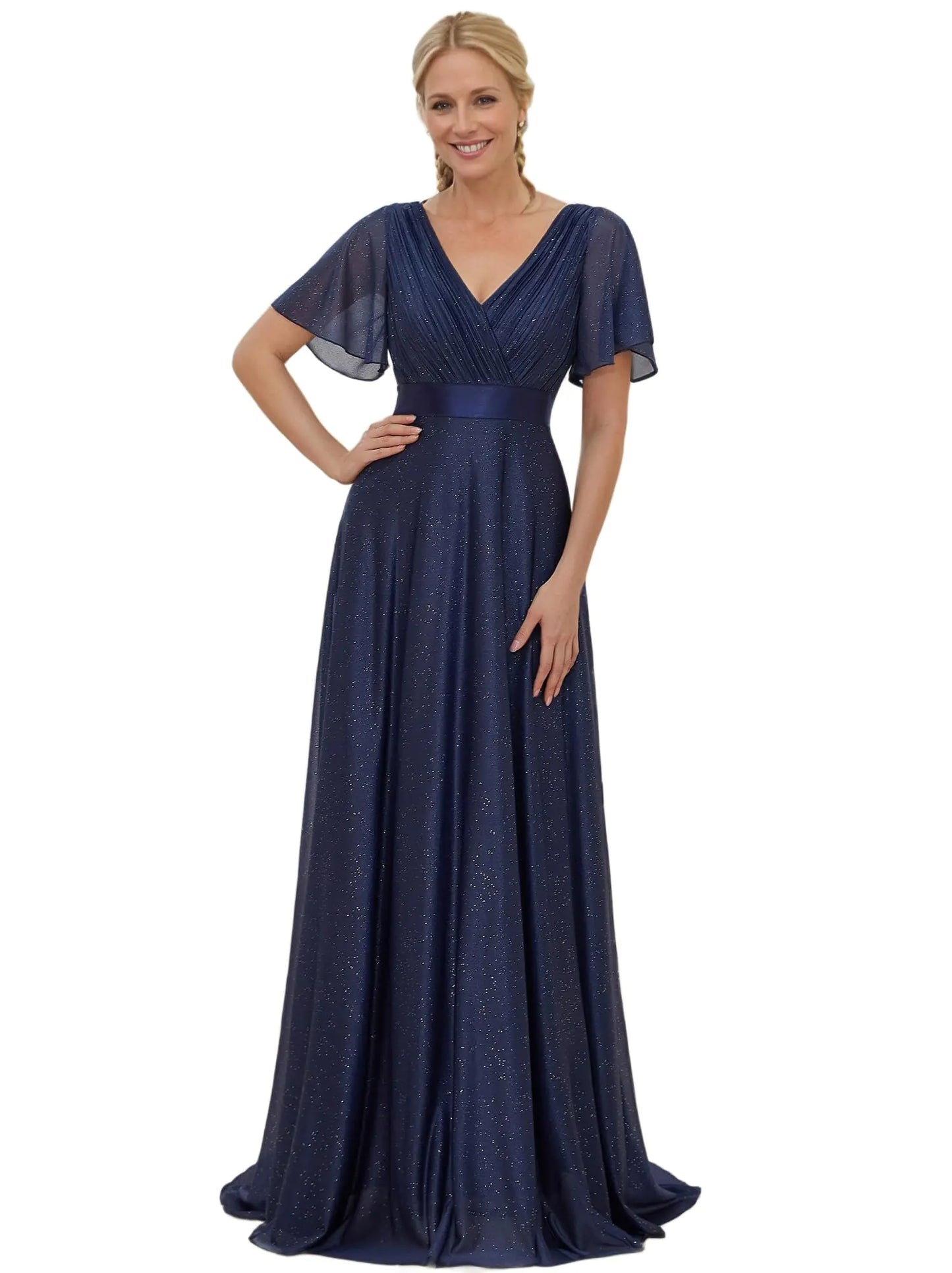 Ever-Pretty Elegant V-Neck Glitter Evening Gown Navy Blue US20