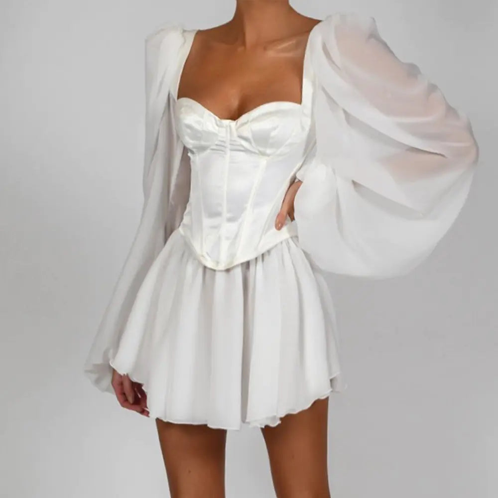 Elegant White Lantern Sleeve Chiffon Dress